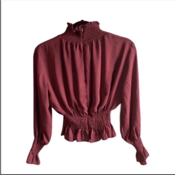 Shinestar burgundy smocked neck, waist, and cuffs sheer top. Size small. - Picture 2 of 2